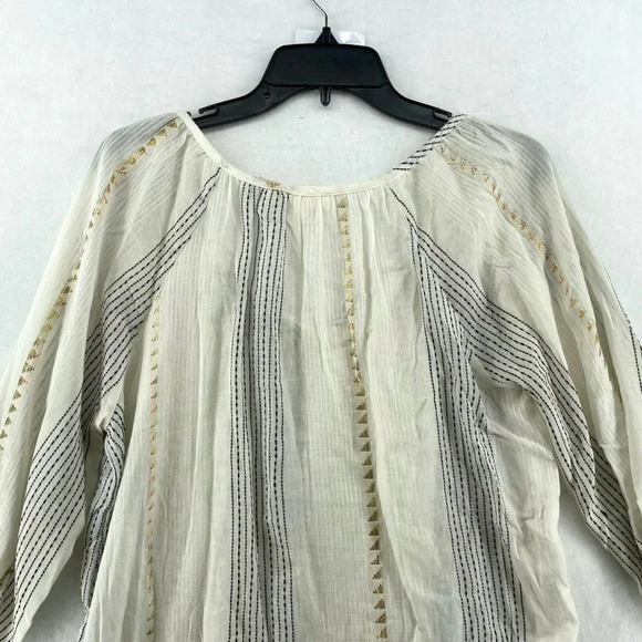 Lovestitch Blouse Women's Sz M Cream Striped Metallic Gold Puff Sleeves Tassel - Picture 10 of 12